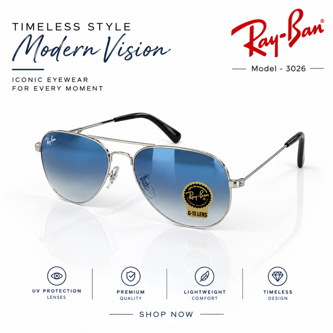 RB AVIATOR 3026 SILVER BLUE SHADED STORE ARTICLE